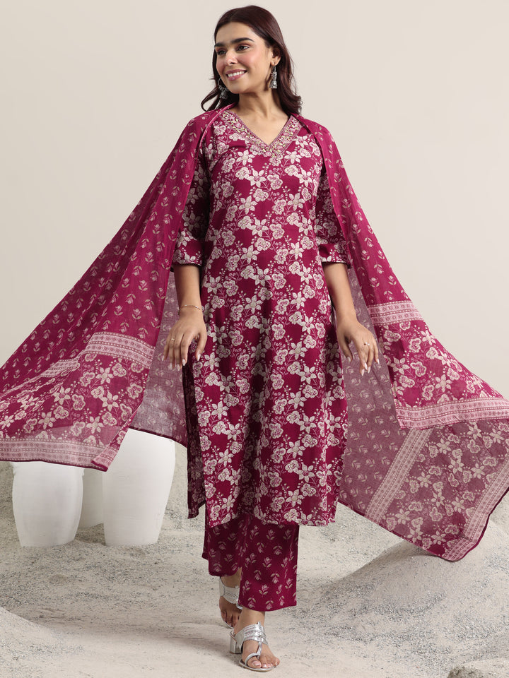 Burgundy Printed Cotton Straight Suit With Dupatta