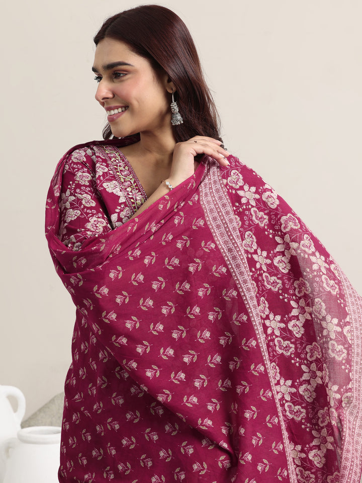 Burgundy Printed Cotton Straight Suit With Dupatta