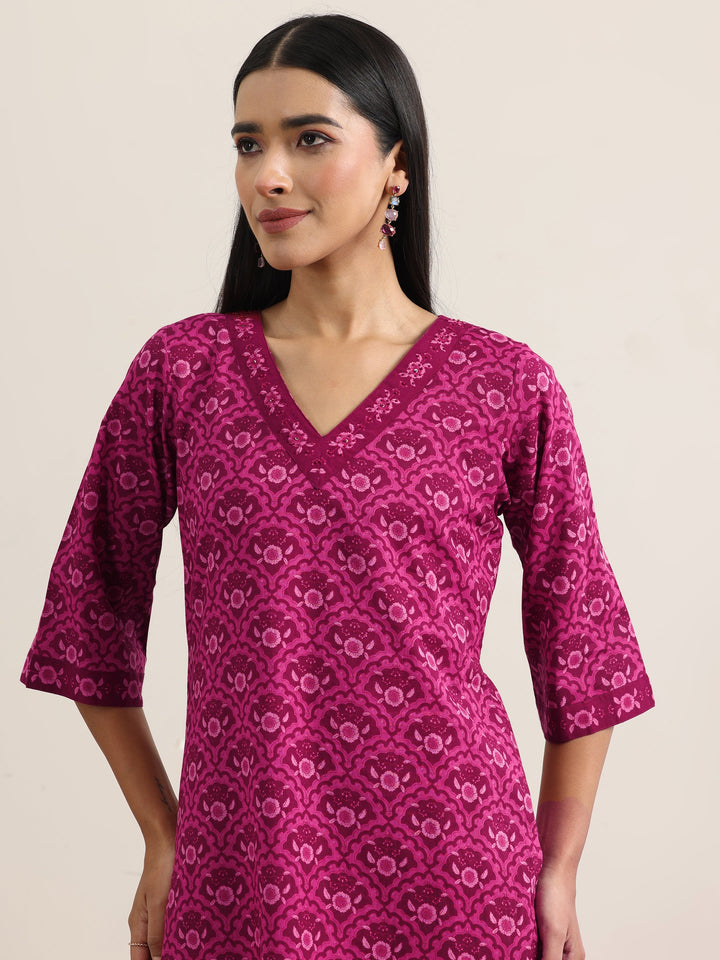 Burgundy Printed Cotton Straight Suit With Dupatta