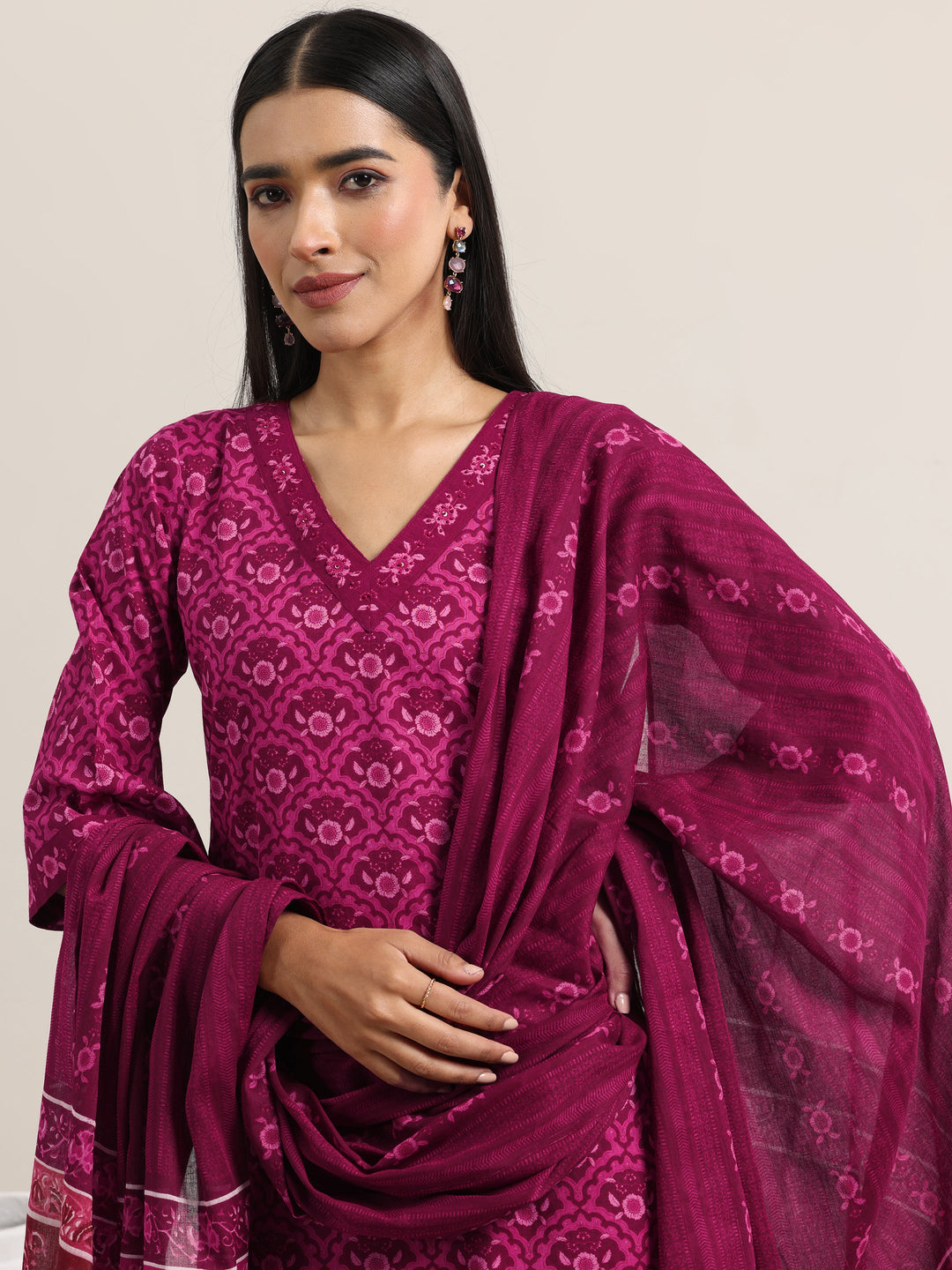 Burgundy Printed Cotton Straight Suit With Dupatta