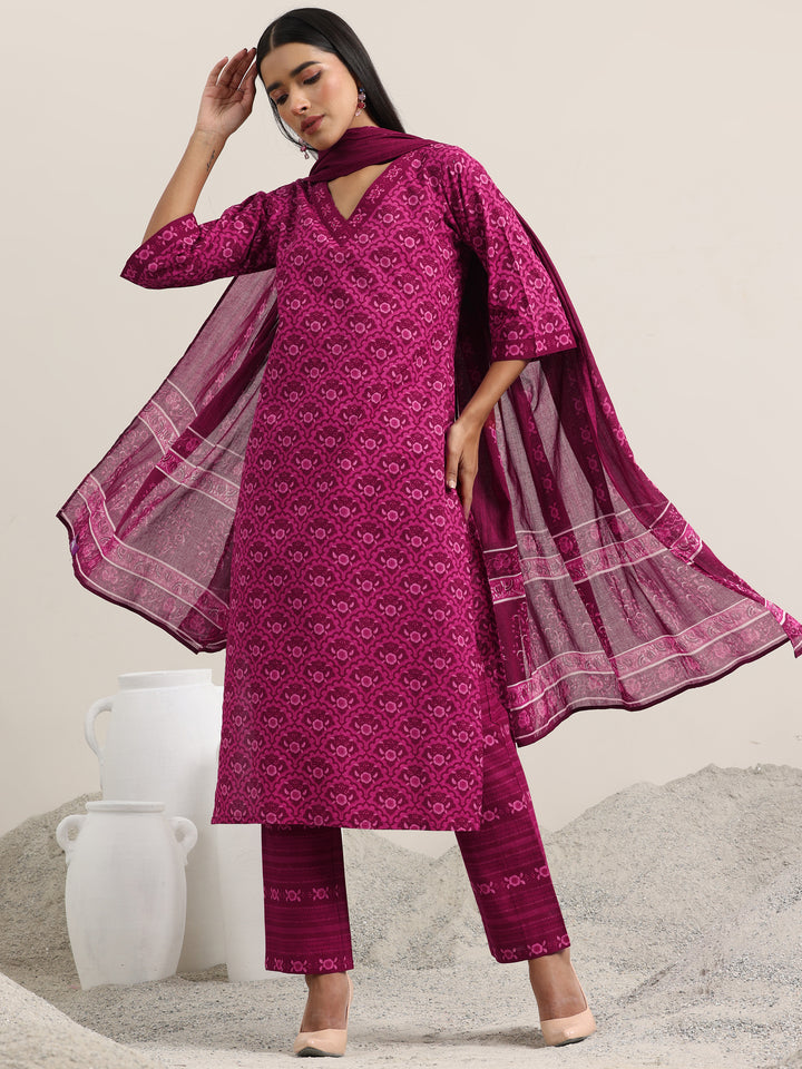 Burgundy Printed Cotton Straight Suit With Dupatta