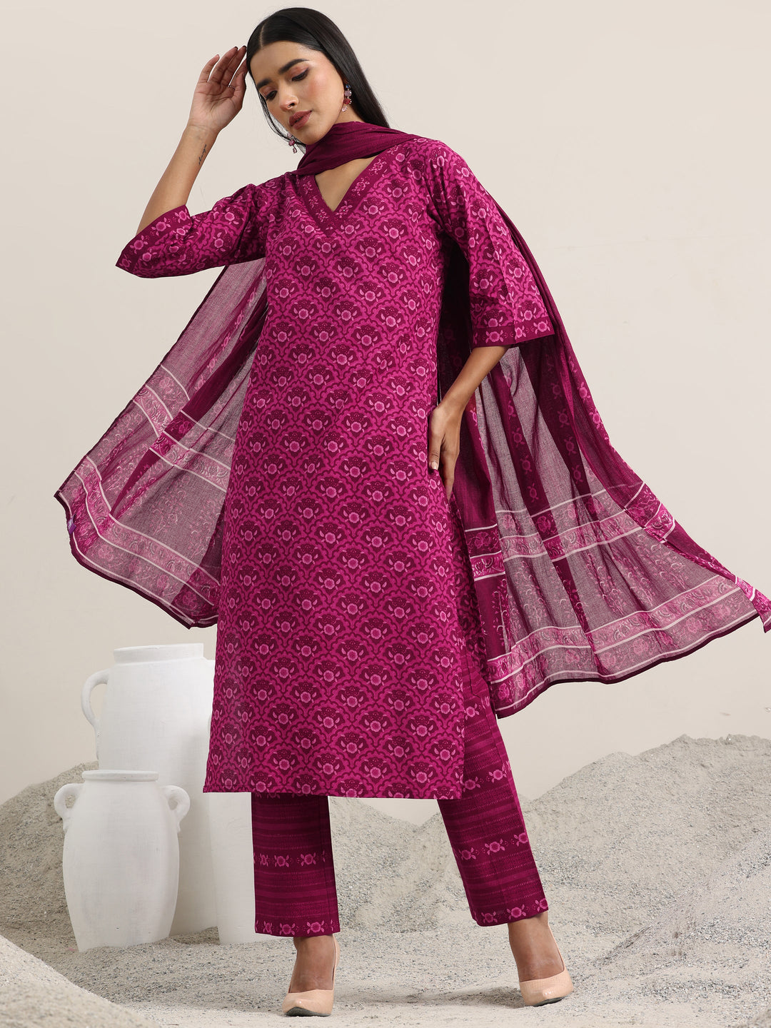 Burgundy Printed Cotton Straight Suit With Dupatta