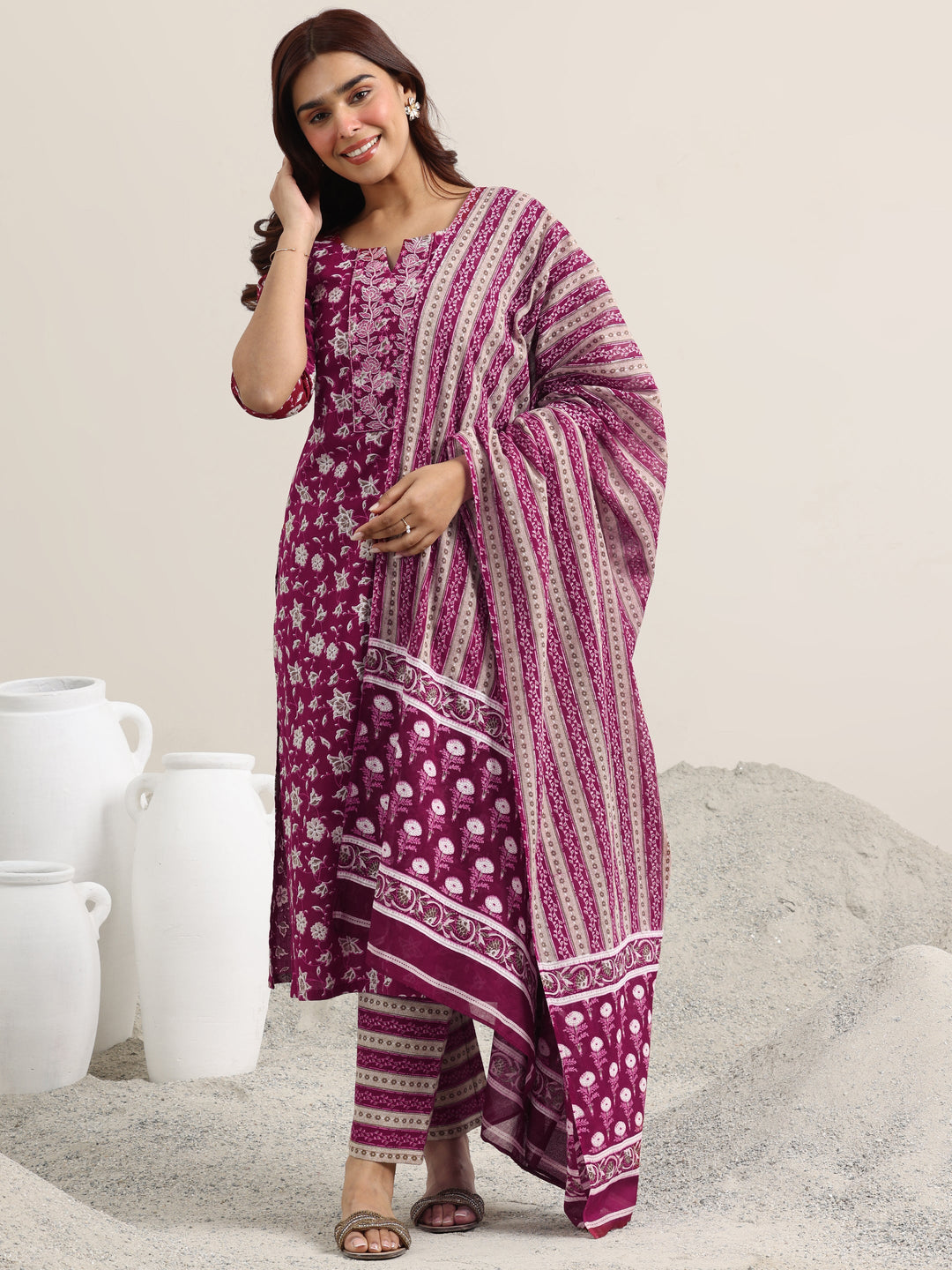Burgundy Printed Cotton Straight Suit With Dupatta