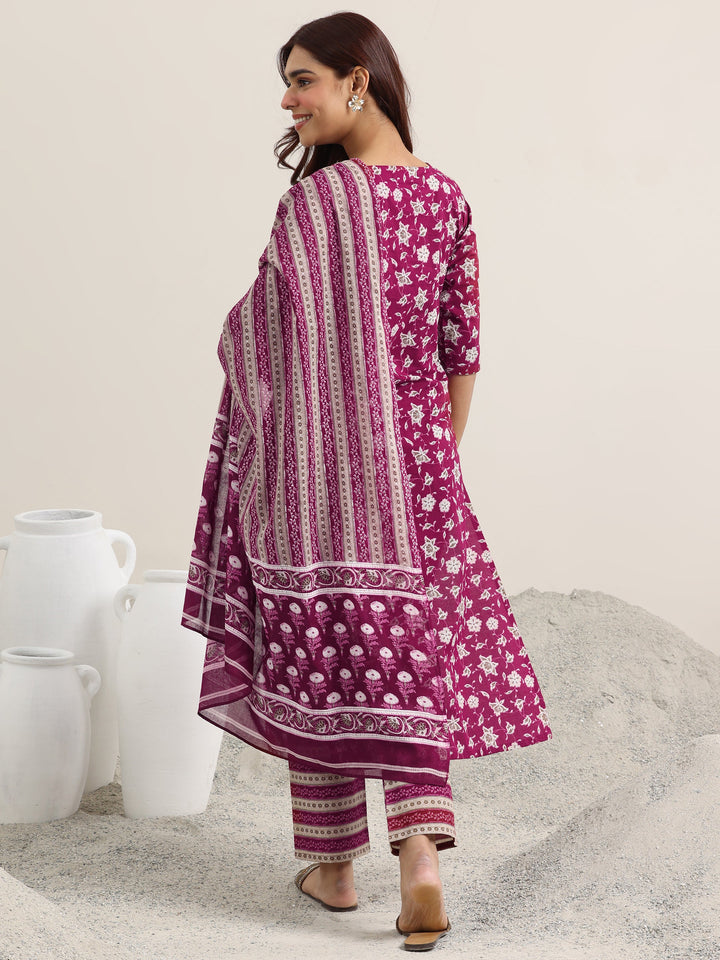 Burgundy Printed Cotton Straight Suit With Dupatta