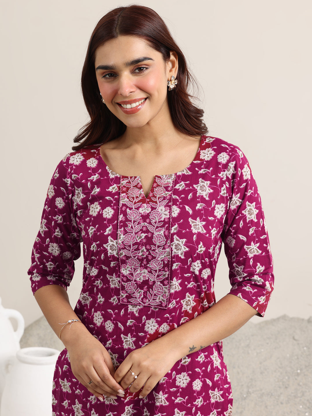 Burgundy Printed Cotton Straight Suit With Dupatta