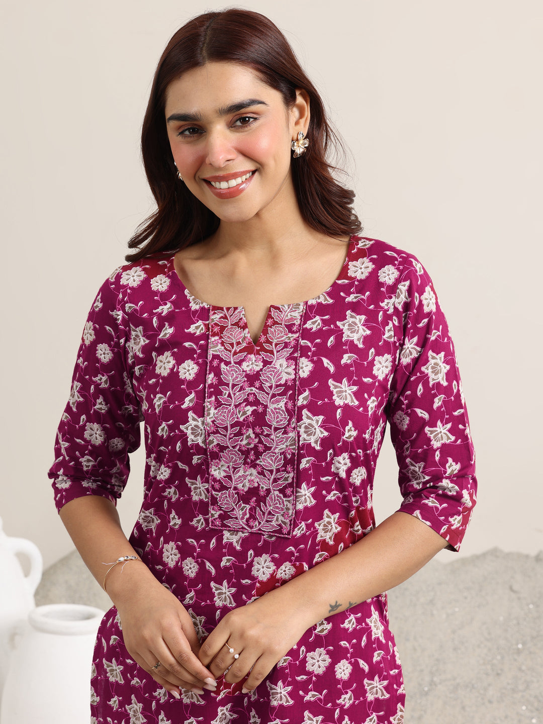 Burgundy Printed Cotton Straight Suit With Dupatta