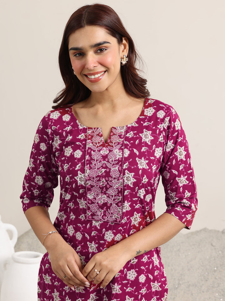 Burgundy Printed Cotton Straight Suit With Dupatta