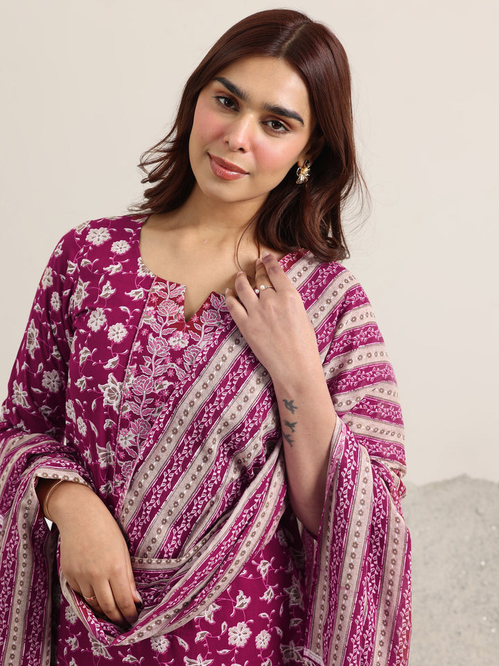 Burgundy Printed Cotton Straight Suit With Dupatta