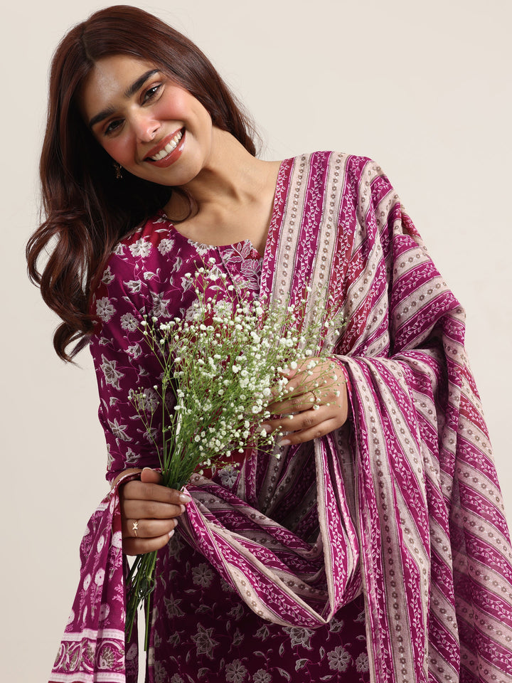 Burgundy Printed Cotton Straight Suit With Dupatta