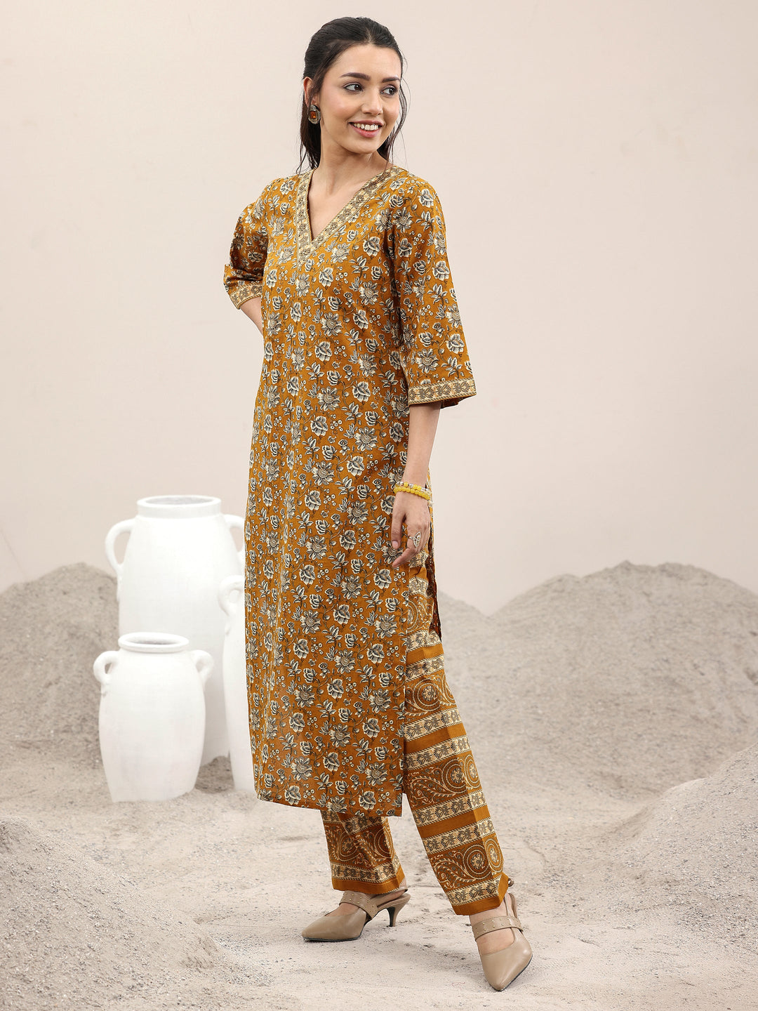 Mustard Printed Cotton Straight Suit With Dupatta