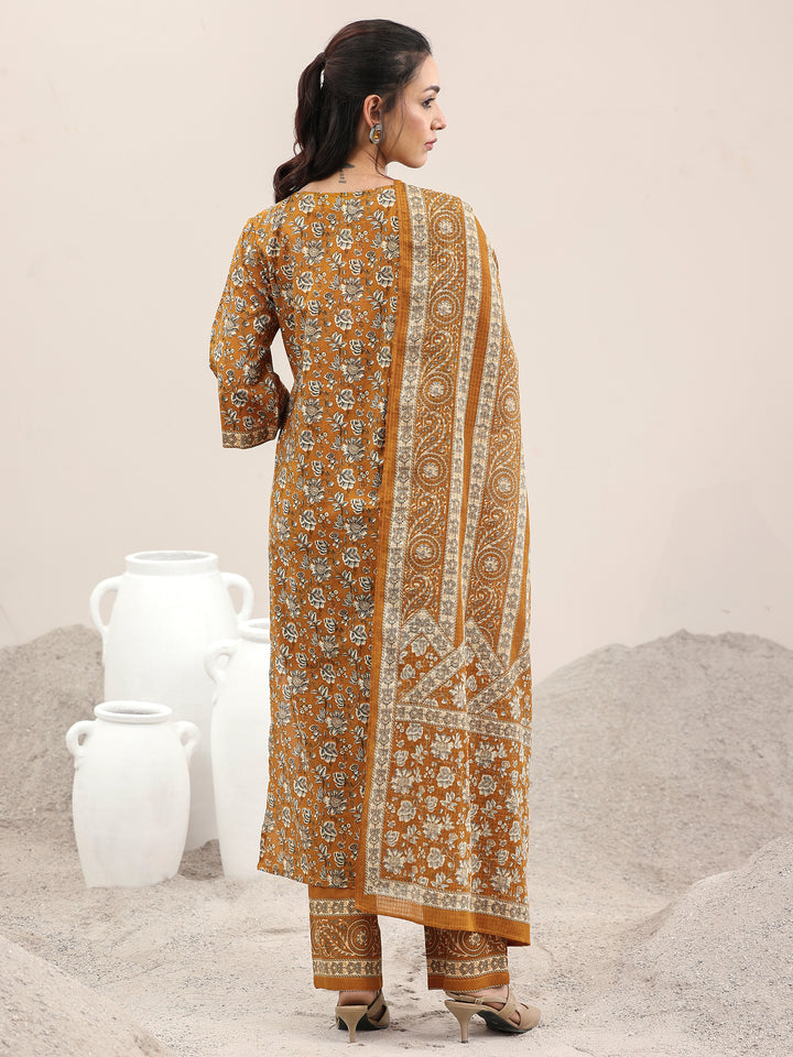 Mustard Printed Cotton Straight Suit With Dupatta