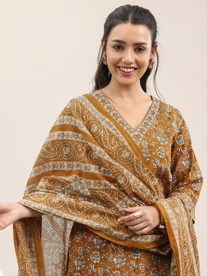 Mustard Printed Cotton Straight Suit With Dupatta