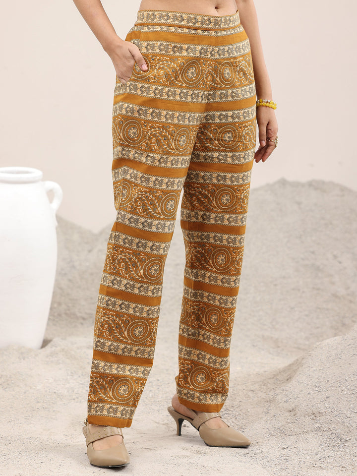 Mustard Printed Cotton Straight Suit With Dupatta