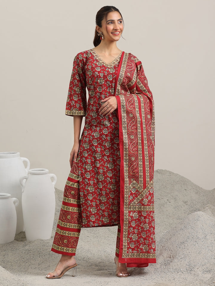 Red Printed Cotton Straight Suit With Dupatta