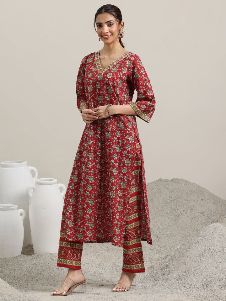 Red Printed Cotton Straight Suit With Dupatta
