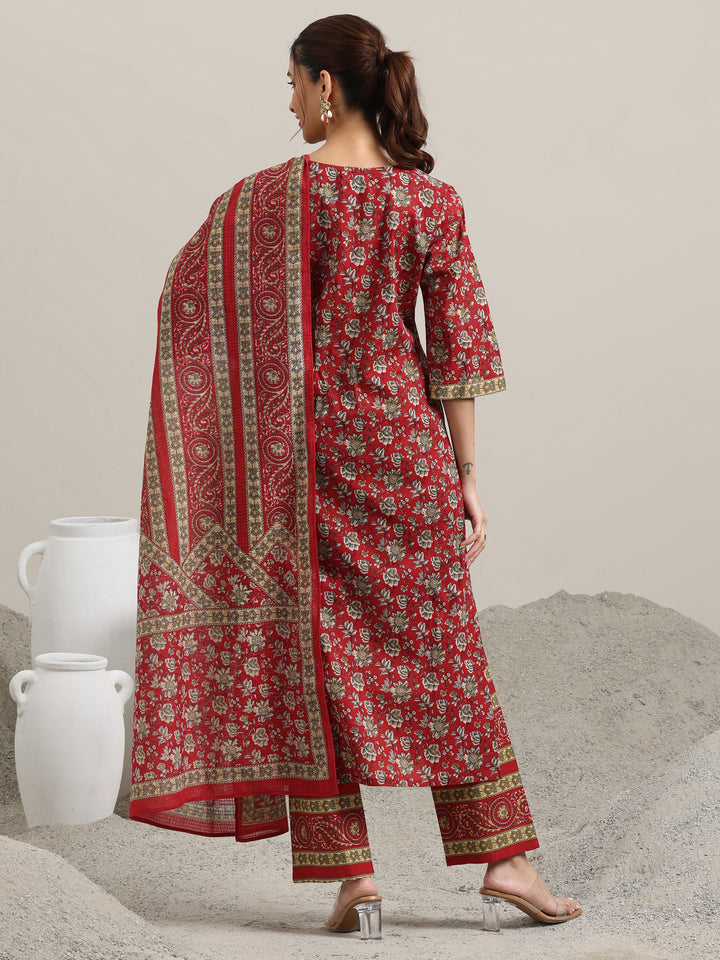 Red Printed Cotton Straight Suit With Dupatta