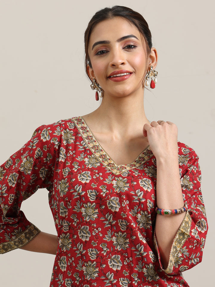 Red Printed Cotton Straight Suit With Dupatta