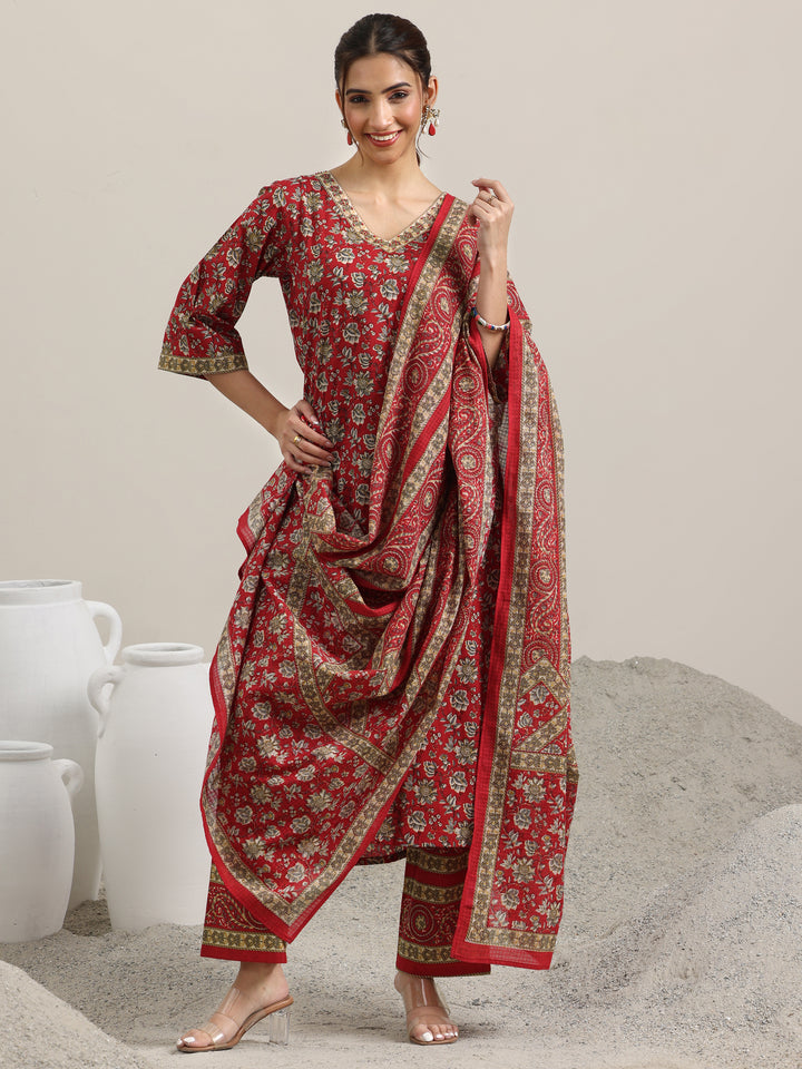 Red Printed Cotton Straight Suit With Dupatta