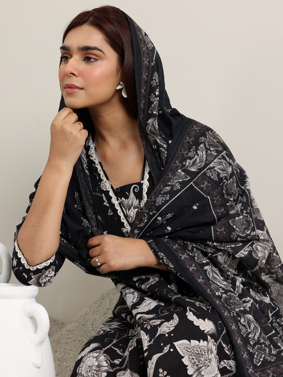 Black Printed Cotton Anarkali Suit With Dupatta