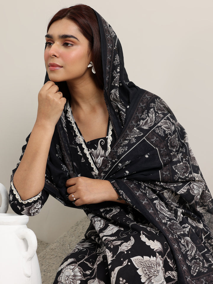 Black Printed Cotton Anarkali Suit With Dupatta