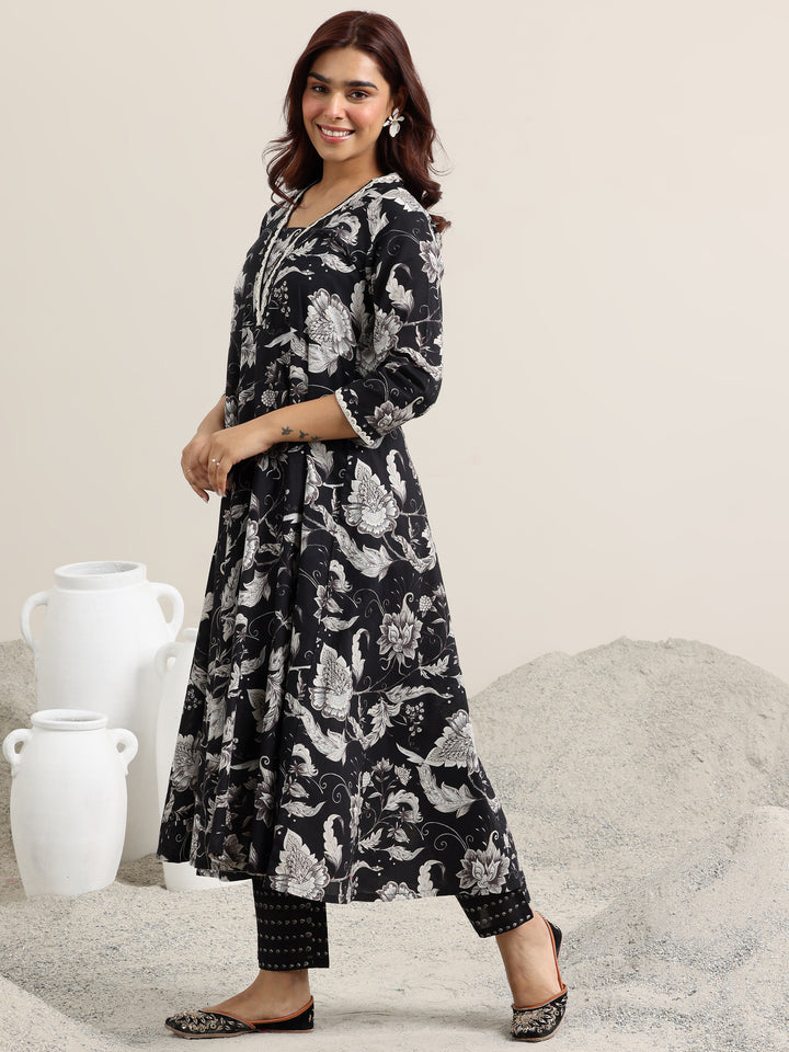 Black Printed Cotton Anarkali Suit With Dupatta