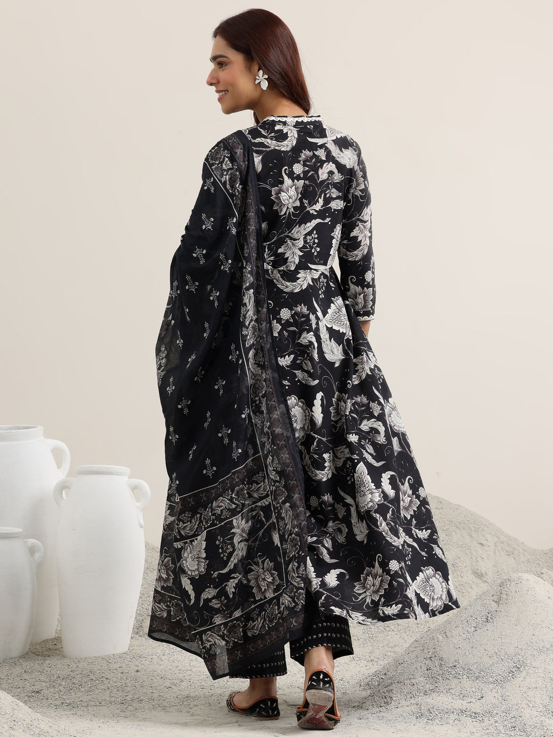 Black Printed Cotton Anarkali Suit With Dupatta