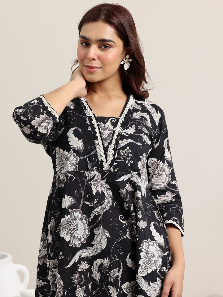 Black Printed Cotton Anarkali Suit With Dupatta