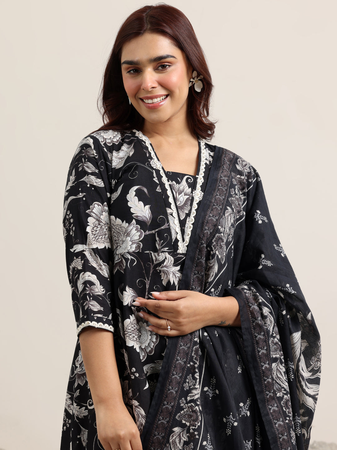 Black Printed Cotton Anarkali Suit With Dupatta