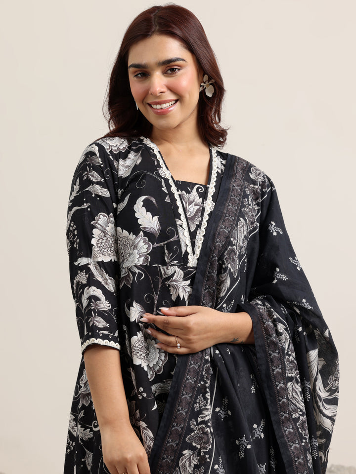 Black Printed Cotton Anarkali Suit With Dupatta