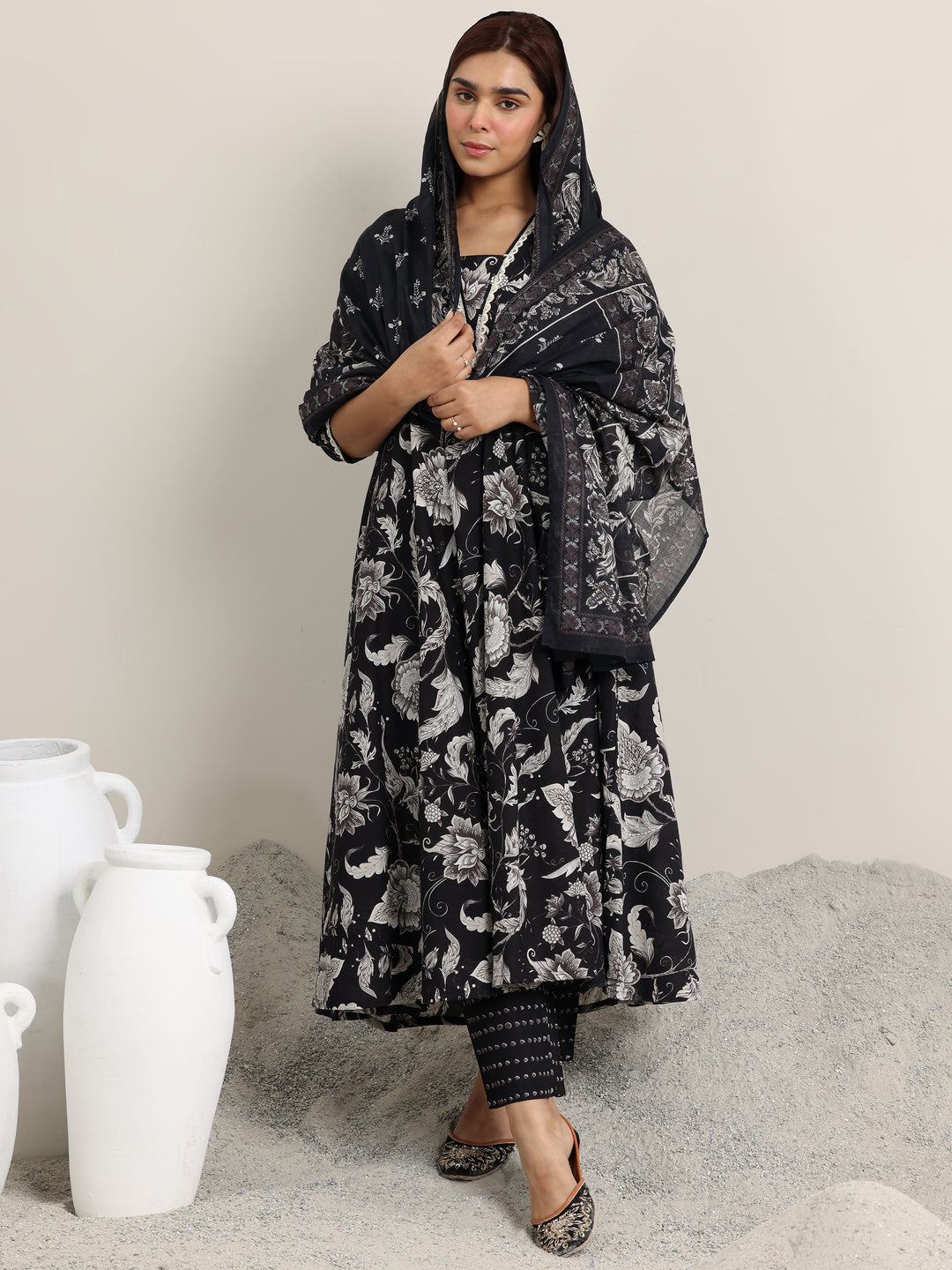 Black Printed Cotton Anarkali Suit With Dupatta