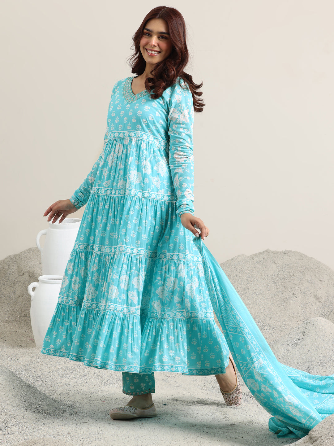 Blue Printed Cotton Anarkali Suit With Dupatta