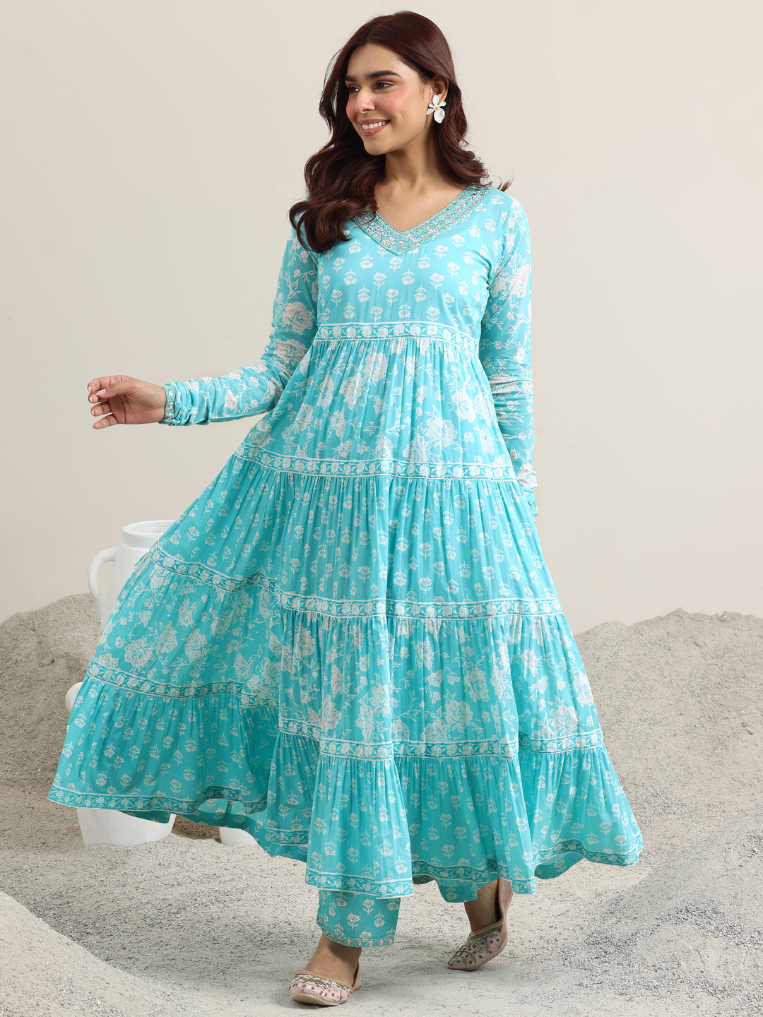 Blue Printed Cotton Anarkali Suit With Dupatta