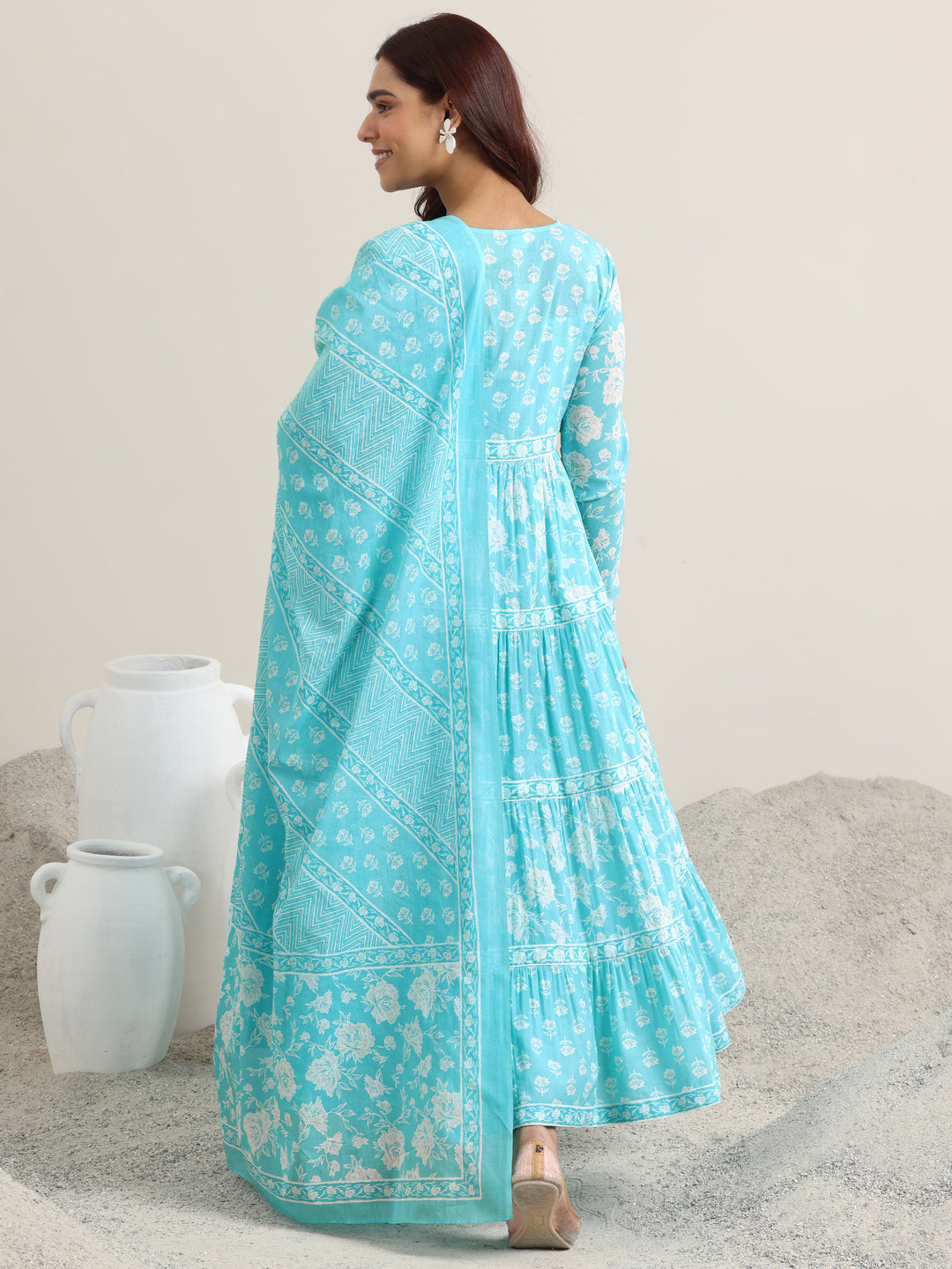 Blue Printed Cotton Anarkali Suit With Dupatta