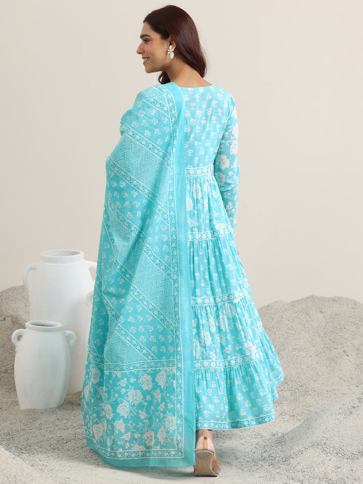 Blue Printed Cotton Anarkali Suit With Dupatta