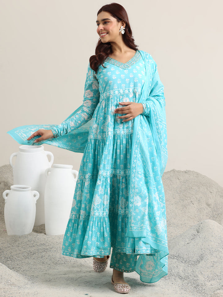 Blue Printed Cotton Anarkali Suit With Dupatta