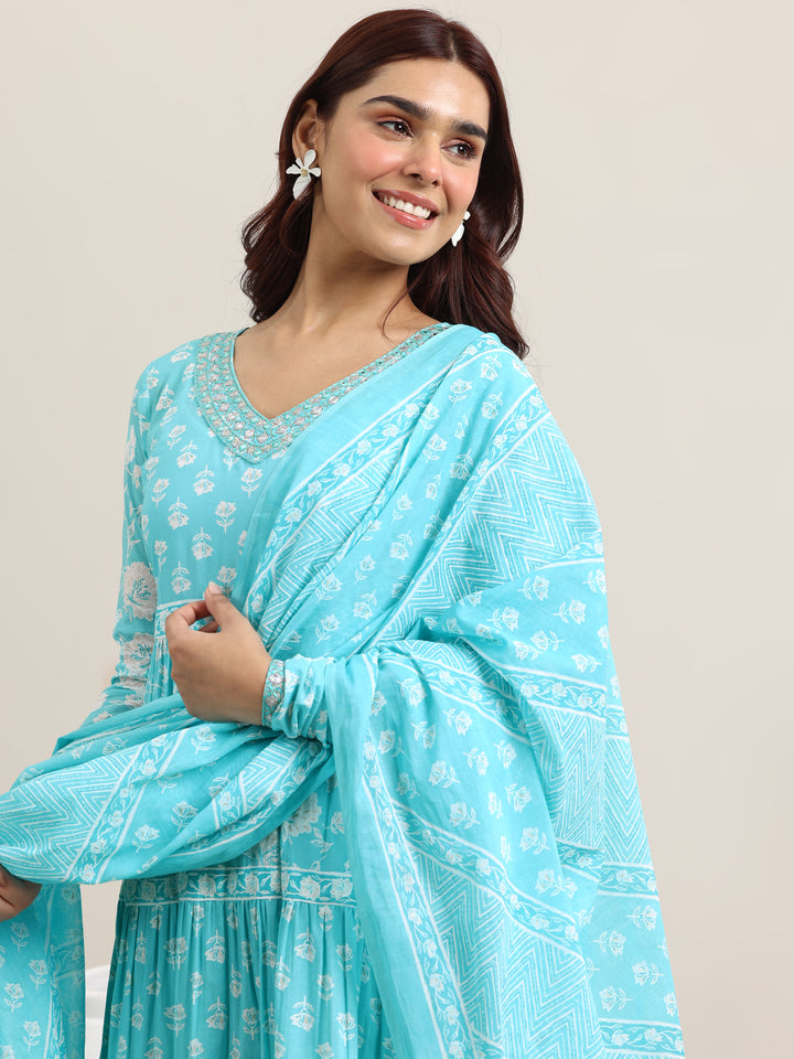 Blue Printed Cotton Anarkali Suit With Dupatta