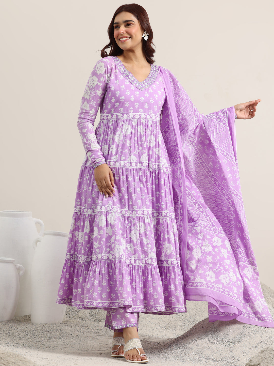 Lavender Printed Cotton Anarkali Suit With Dupatta