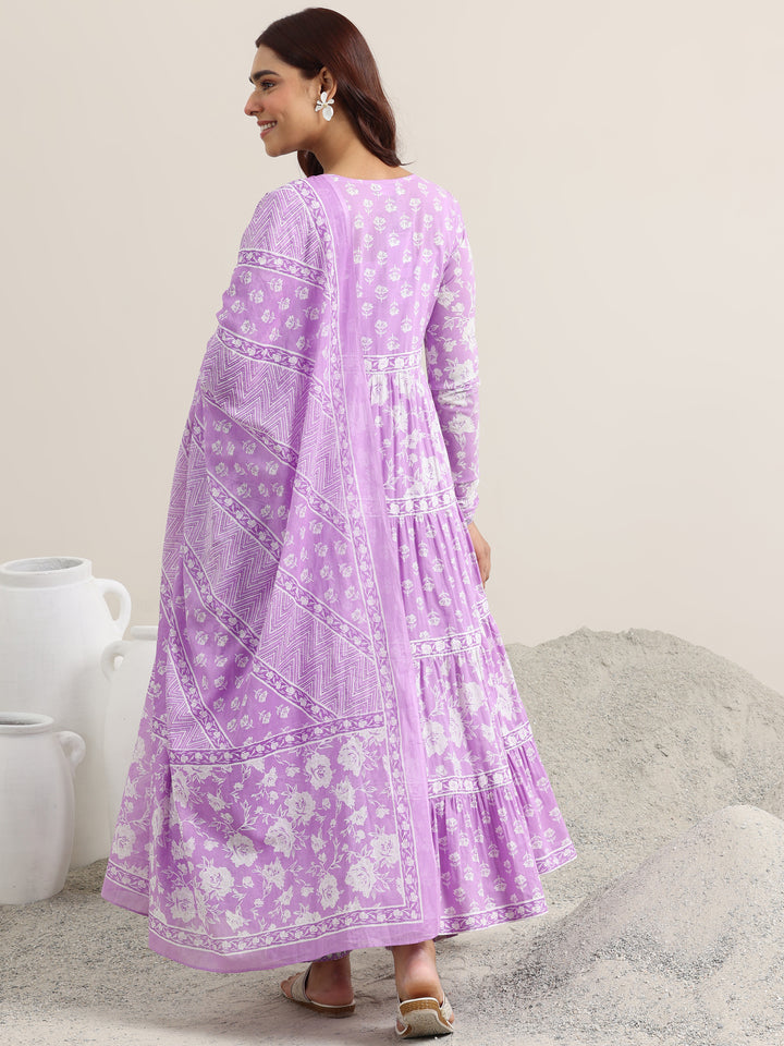 Lavender Printed Cotton Anarkali Suit With Dupatta