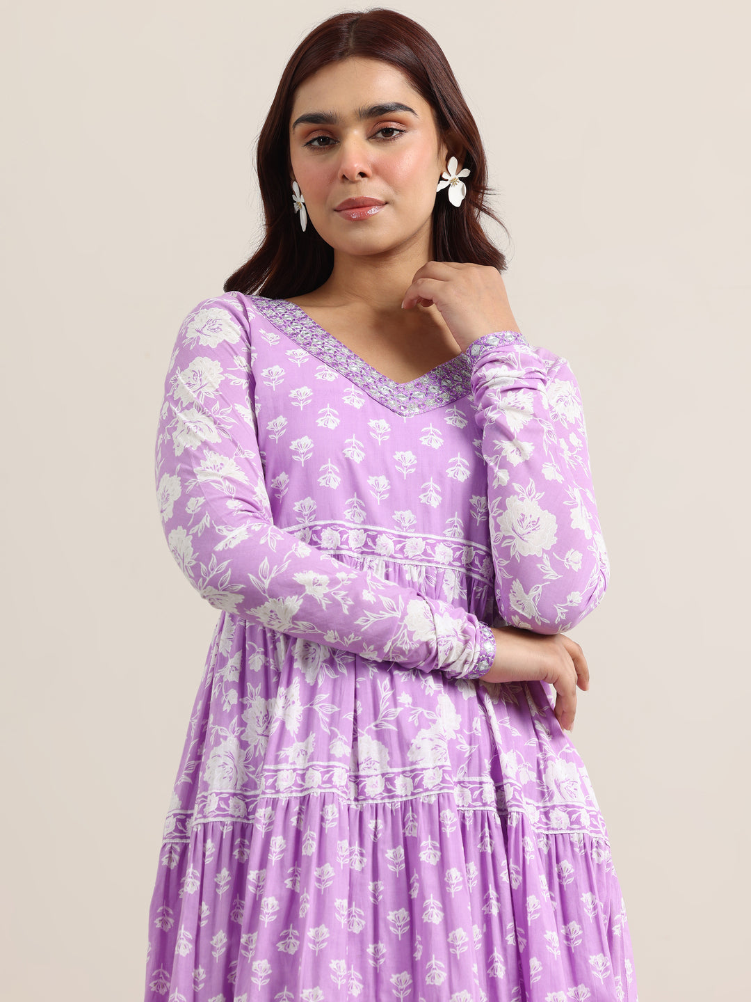 Lavender Printed Cotton Anarkali Suit With Dupatta