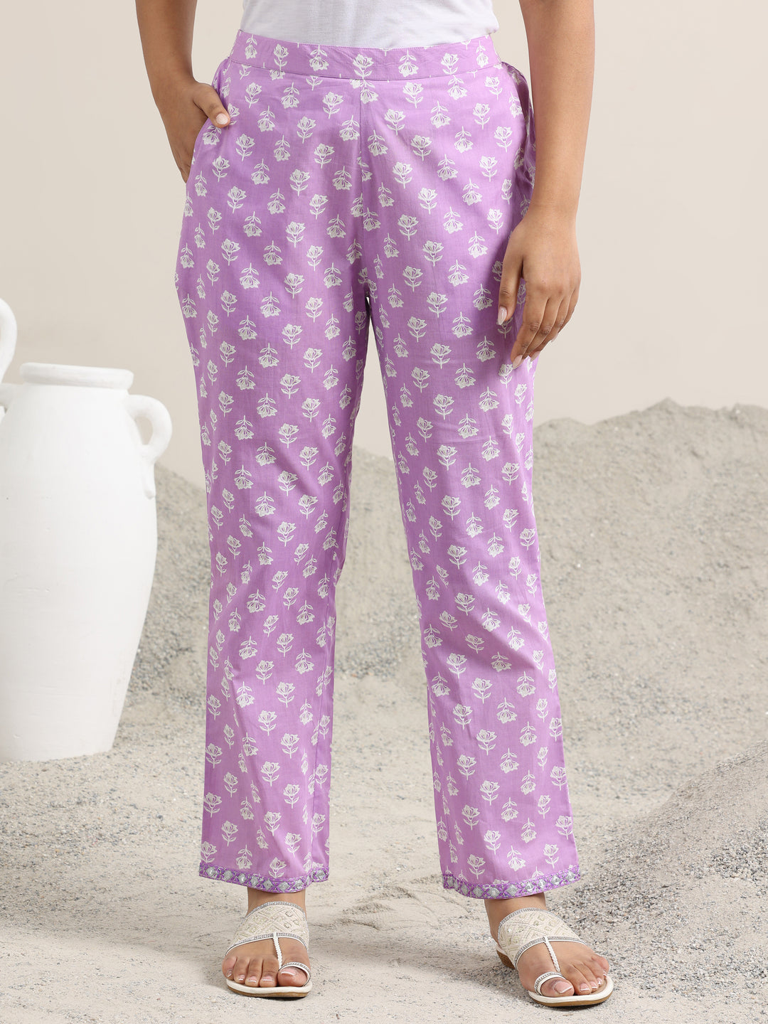 Lavender Printed Cotton Anarkali Suit With Dupatta