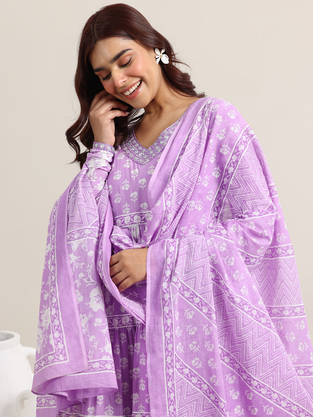 Lavender Printed Cotton Anarkali Suit With Dupatta
