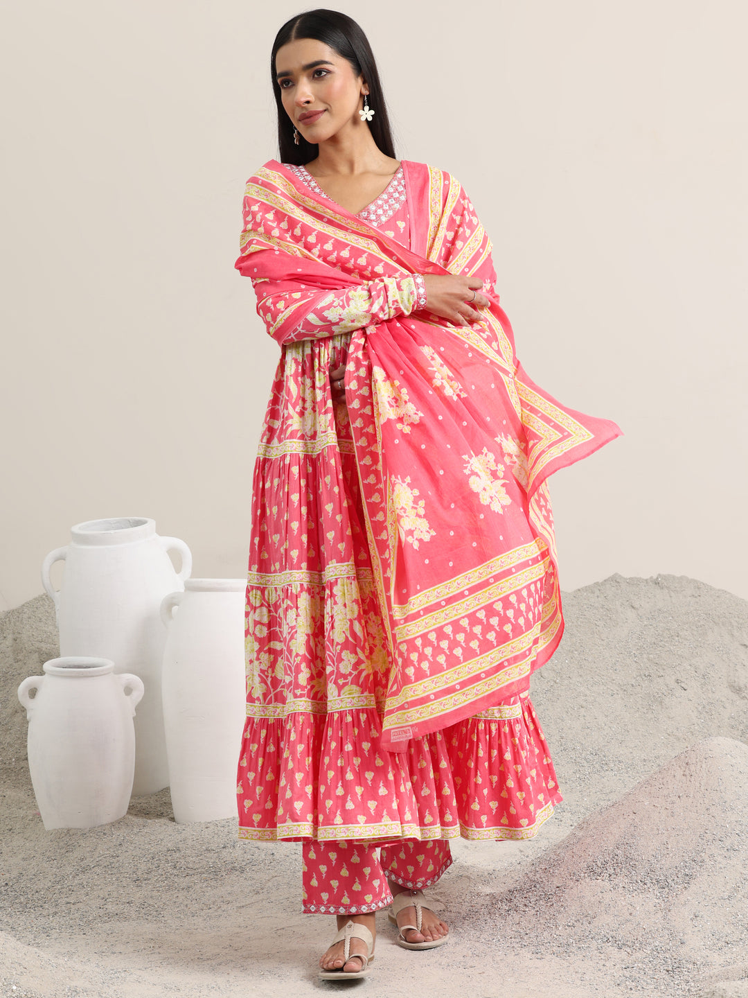 Peach Printed Cotton Anarkali Suit With Dupatta