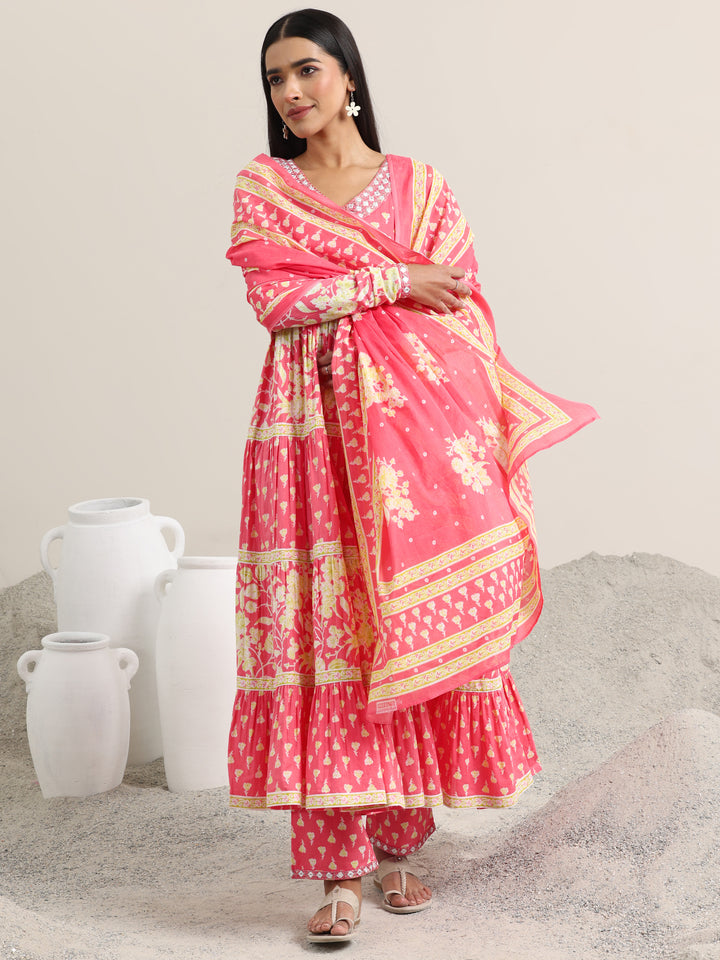 Peach Printed Cotton Anarkali Suit With Dupatta