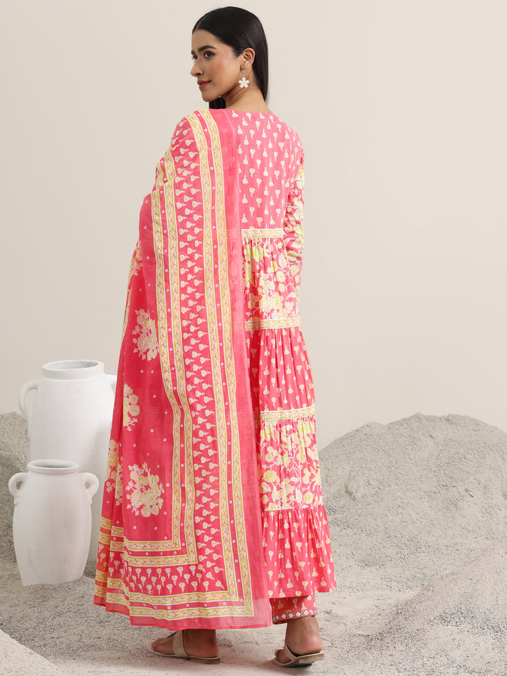 Peach Printed Cotton Anarkali Suit With Dupatta