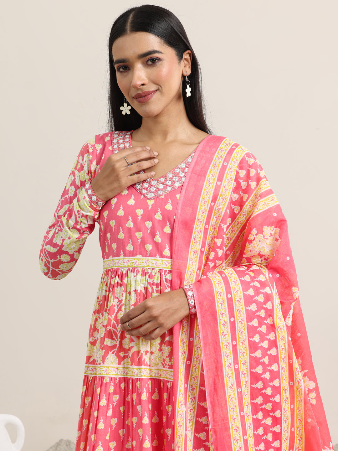 Peach Printed Cotton Anarkali Suit With Dupatta