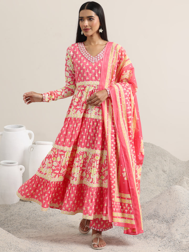 Peach Printed Cotton Anarkali Suit With Dupatta