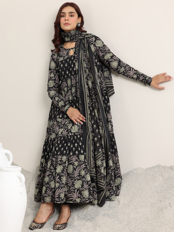 Black Printed Cotton Anarkali Suit With Dupatta