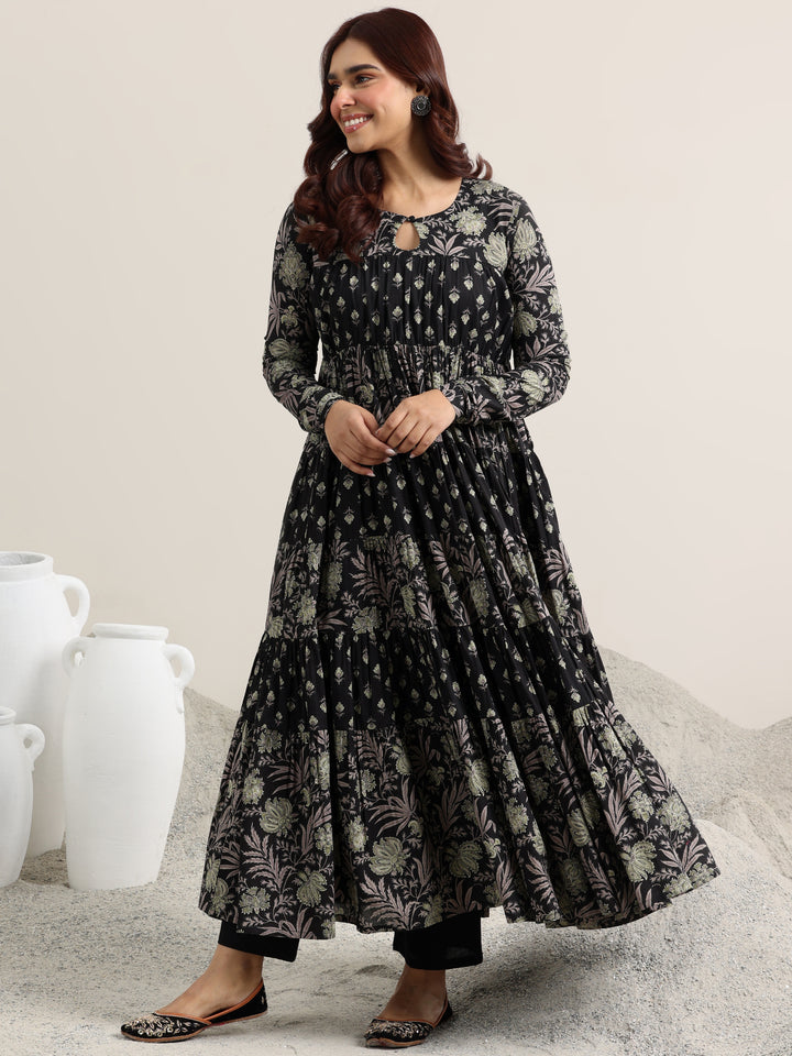 Black Printed Cotton Anarkali Suit With Dupatta