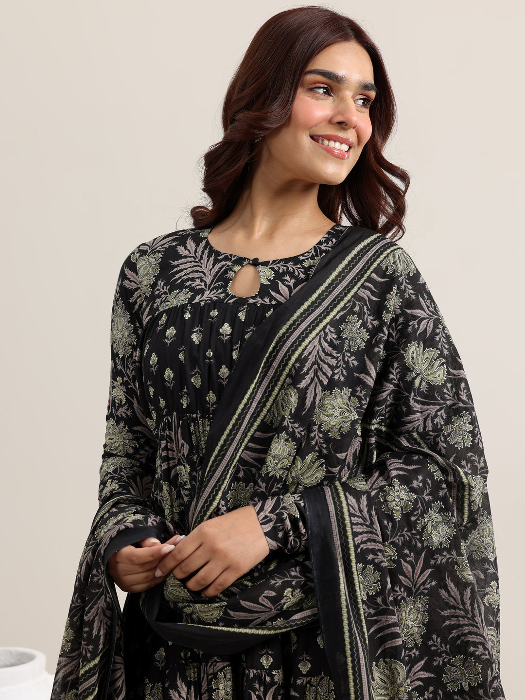 Black Printed Cotton Anarkali Suit With Dupatta