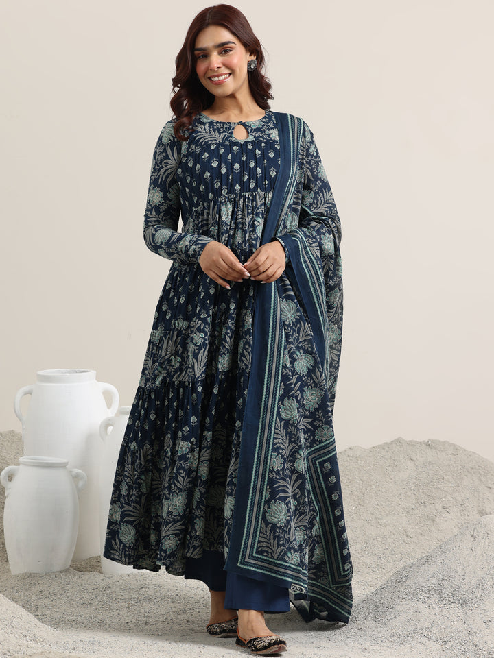 Blue Printed Cotton Anarkali Suit With Dupatta